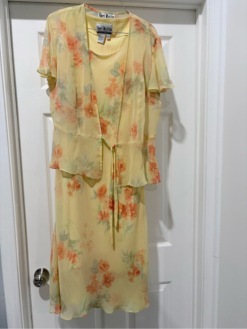 Sheri Martin Yellow Floral Midi Dress with Sheer Peach-Accent Overlay